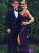 Purple Sequins Spaghetti Straps Side Slit Long Backless Evening Prom Dresses, Cheap Custom Prom Dresses, MR7656