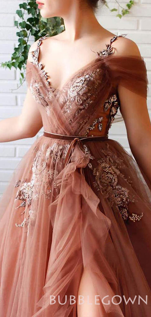 A-line V-neck Spaghetti Straps Tulle Appliques Long Evening Prom Dresses, Cheap Custom Prom Dress, MR7657