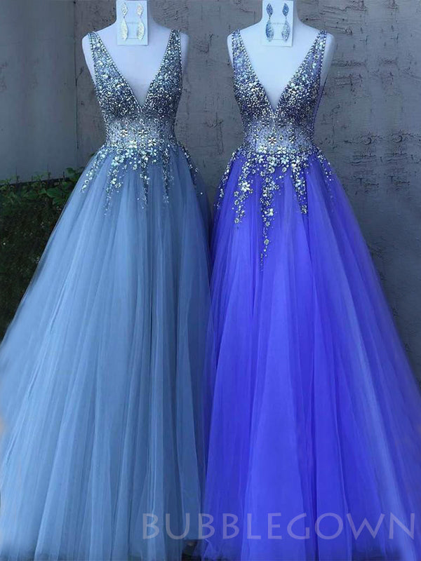 A-line Attractive V-neck Tulle Beaded Long Evening Prom Dresses, Cheap Custom Prom Dresses, MR7658