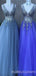 A-line Attractive V-neck Tulle Beaded Long Evening Prom Dresses, Cheap Custom Prom Dresses, MR7658