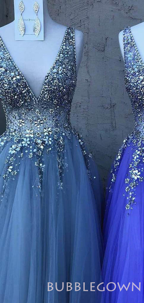 A-line Attractive V-neck Tulle Beaded Long Evening Prom Dresses, Cheap Custom Prom Dresses, MR7658