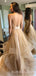 A-line Champagne Tulle Spaghetti Straps Long Backless Evening Prom Dresses, Cheap Custom Prom Dress, MR7659