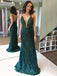 Sheath/Column Green Lace V-neck Beaded Long Evening Prom Dresses, Cheap Custom Prom Dresses, MR7663