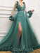 A-line V-neck Long Sleeves Green Tulle 3D Appliques Long Evening Prom Dresses, Cheap Custom Prom Dress, MR7666