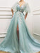 A-Line Sky Blue Tulle Appliques Side Slit Long Evening Prom Dresses, Cheap Custom Prom Dress, MR7667