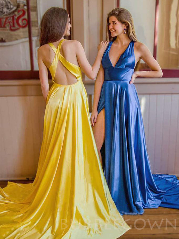 Criss-Cross Straps Sexy Deep V-neck A-line Long Backless Evening Prom Dresses, MR7668