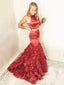 Two Pieces Burgundy Satin Ruffle Mermaid Long Evening Prom Dresses, Cheap Custom Prom Dress, MR7670