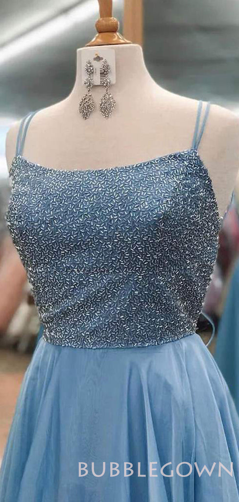 A-line Blue Tulle Beaded Spaghetti Straps Long Evening Prom Dresses, Cheap Custom Prom Dress, MR7676