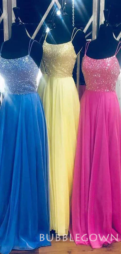 A-line Blue Tulle Beaded Spaghetti Straps Long Evening Prom Dresses, Cheap Custom Prom Dress, MR7676