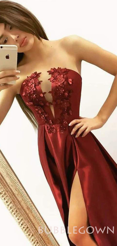 A-line Burgundy Satin V-neck Long Evening Prom Dresses, Cheap Custom Prom Dress, MR7678