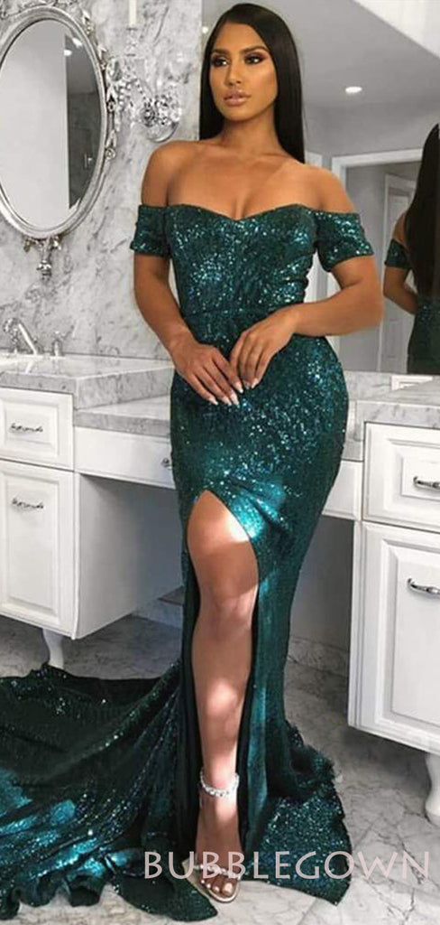 Off Shoulder Green Sequin Mermaid Long Evening Prom Dresses, Cheap Custom Prom Dresses, MR7681