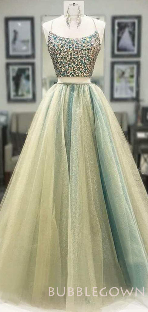 Two Pieces A-line Tulle Beaded Long Evening Prom Dresses, Cheap Custom Prom Dress, MR7683