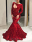 Mermaid Red Sequin Long Sleeves Long Evening Prom Dresses, Cheap Custom Prom Dresses, MR7687