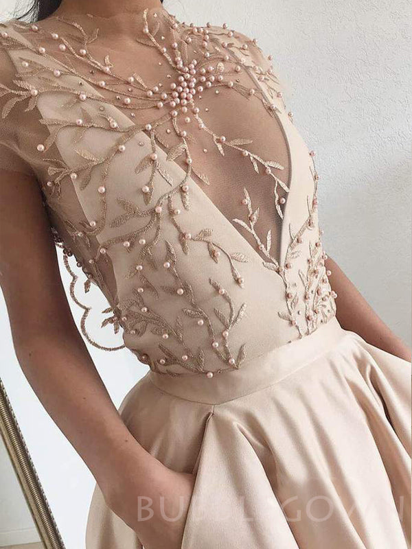 A-line Chic Jewel Embroidery Champagne Satin Long Evening Prom Dresses, Cheap Custom prom dresses, MR7688