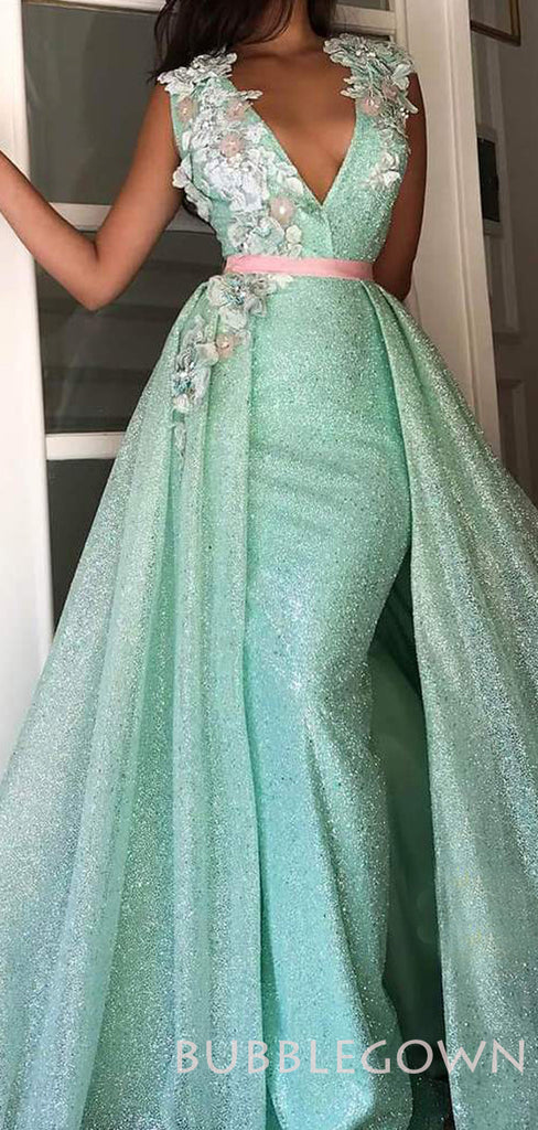 Deep V-neck Mint Green Sequin Mermaid Long Evening Prom Dresses, Cheap Custom Prom Dresses, MR7690