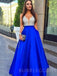 A-line Royal Blue Satin V Neck Beaded Long Evening Prom Dresses, Cheap Custom prom dresses, MR7692