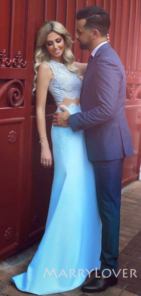 Two Pieces A-line Sky Blue Satin Mermaid Lace Long Evening Prom Dresses, Cheap Custom Prom Dresses, MR7693