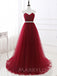 Burgundy Tulle A-line Beaded Strapless Long Evening Prom Dresses, Cheap Custom Prom Dress, MR7694