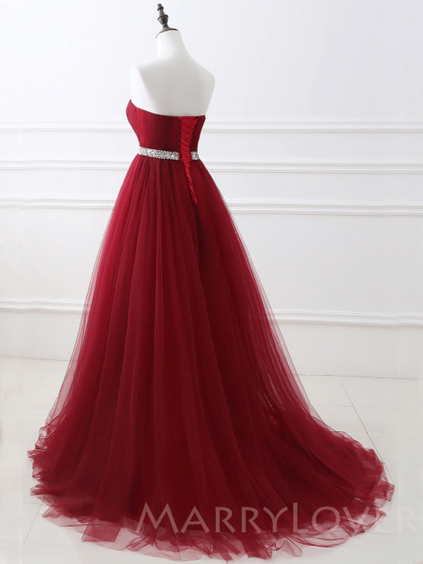 Burgundy Tulle A-line Beaded Strapless Long Evening Prom Dresses, Cheap Custom Prom Dress, MR7694