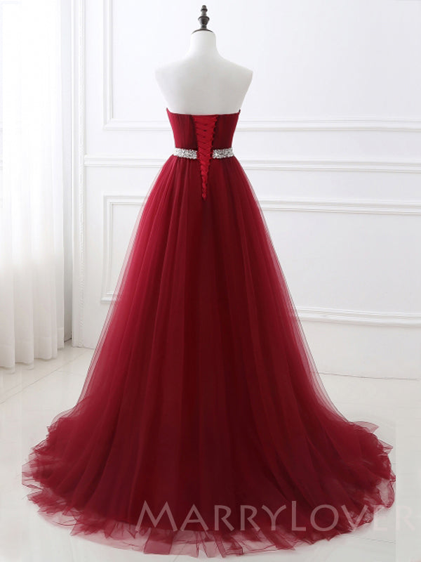 Burgundy Tulle A-line Beaded Strapless Long Evening Prom Dresses, Cheap Custom Prom Dress, MR7694