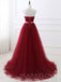 Burgundy Tulle A-line Beaded Strapless Long Evening Prom Dresses, Cheap Custom Prom Dress, MR7694