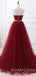 Burgundy Tulle A-line Beaded Strapless Long Evening Prom Dresses, Cheap Custom Prom Dress, MR7694