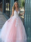 Pink Tulle A-line V Neck Appliques Long Lace Evening Prom Dresses, Cheap Custom Prom Dresses, MR7697