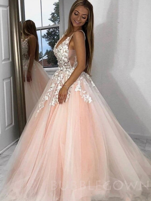 Pink Tulle A-line V Neck Appliques Long Lace Evening Prom Dresses, Cheap Custom Prom Dresses, MR7697