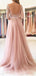 A-line Long Sleeves Pearl Pink Tulle Side Slit Long Lace Evening Prom Dresses, Cheap Custom Prom Dress, MR7698