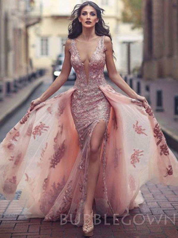 Deep V-neck Mermaid Pink Tulle Appliques Lace Long Evening Prom Dresses, MR7703