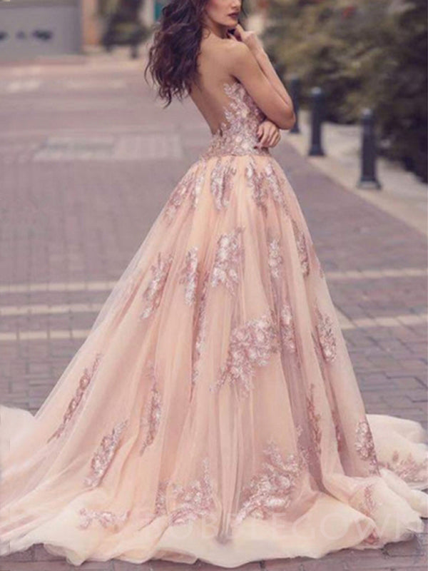 Deep V-neck Mermaid Pink Tulle Appliques Lace Long Evening Prom Dresses, MR7703