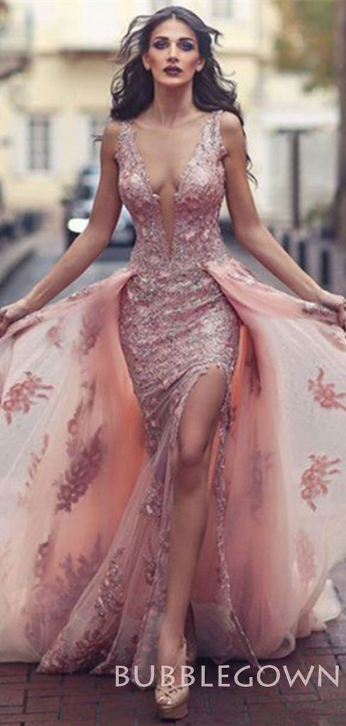 Deep V-neck Mermaid Pink Tulle Appliques Lace Long Evening Prom Dresses, MR7703