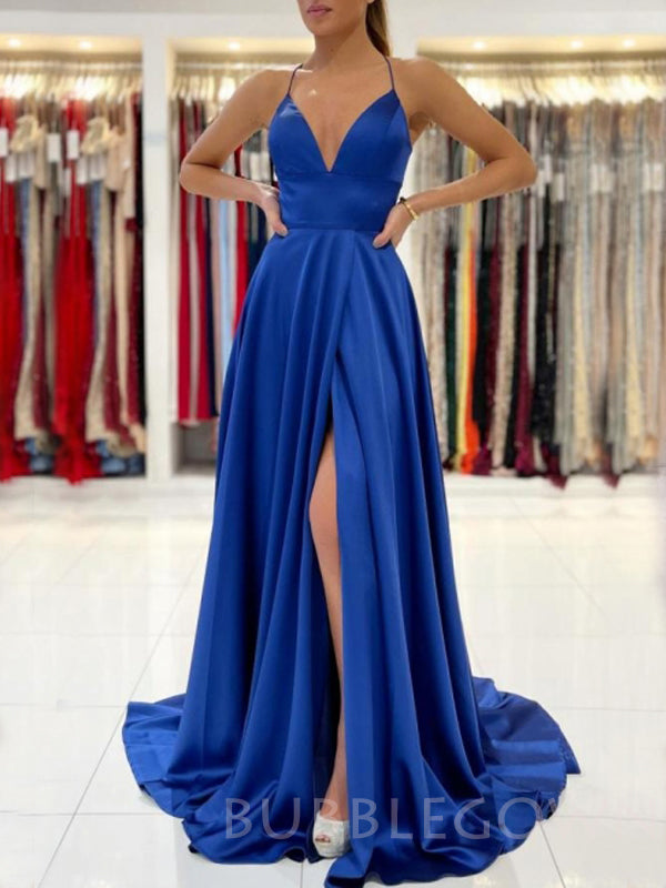 A-line Royal Blue Satin Spaghetti Straps Long Evening Prom Dresses Cheap Custom Prom Dresses, MR7711