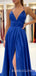 A-line Royal Blue Satin Spaghetti Straps Long Evening Prom Dresses Cheap Custom Prom Dresses, MR7711