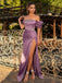 Off Shoulder Purple Satin  Beaded Long Backless Evening Prom Dresses, Cheap Custom prom dresses, MR7715