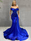 Off Shoulder Blue Satin Mermaid Beaded Long Evening Prom Dresses, Cheap Custom prom dresses, MR7716