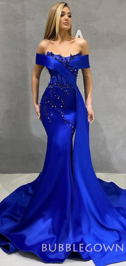 Off Shoulder Blue Satin Mermaid Beaded Long Evening Prom Dresses, Cheap Custom prom dresses, MR7716