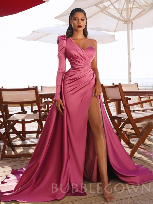 One Shoulder Satin Mermaid Side Slit Long Evening Prom Dresses, Cheap Custom prom dresses, MR7717