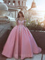 Off Shoulder Pink Satin Ball Gown Appliques Long Evening Prom Dresses, Cheap Custom Prom Dresses, MR7722