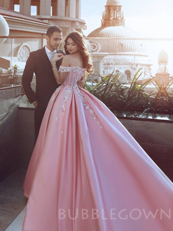 Off Shoulder Pink Satin Ball Gown Appliques Long Evening Prom Dresses, Cheap Custom Prom Dresses, MR7722