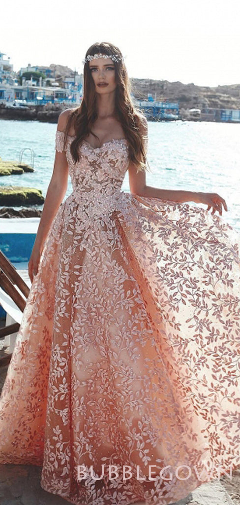 Off Shoulder Pink Lace Long Evening Prom Dresses, Cheap Custom Prom Dresses, MR7727