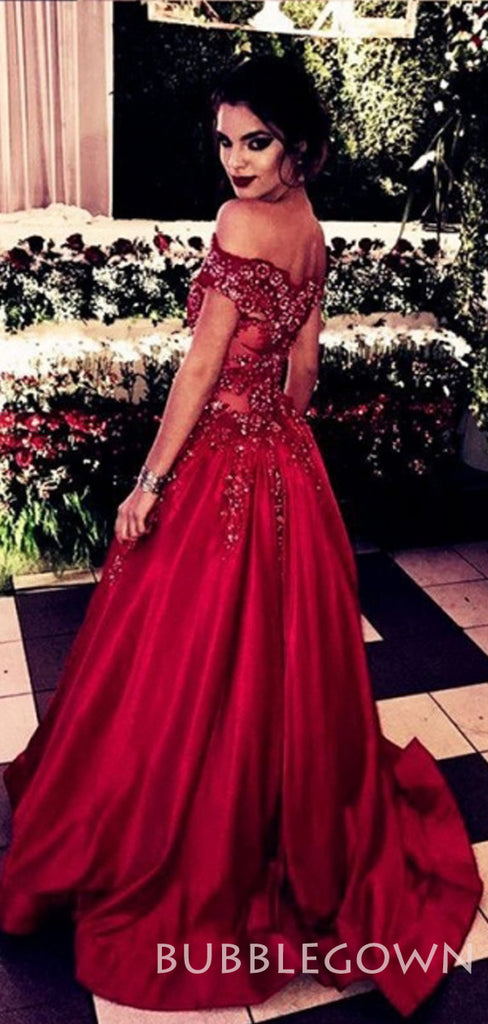 A-line Off Shoulder Burgundy Satin Appliques Beaded Long Evening Prom Dresses, Cheap Custom Prom Dresses, MR7731