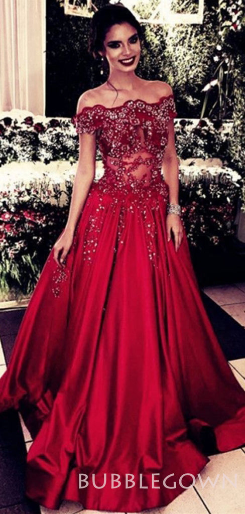 A-line Off Shoulder Burgundy Satin Appliques Beaded Long Evening Prom Dresses, Cheap Custom Prom Dresses, MR7731