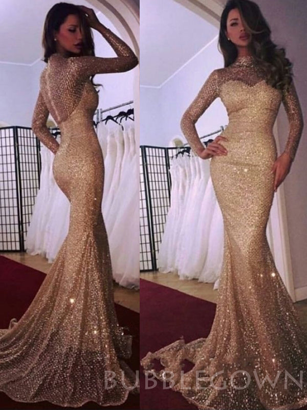 Elegant Mermaid Champagne Gold Sequin Long Sleeves Long Evening Prom Dresses, Cheap Custom Prom Dresses, MR7733