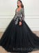 Long Sleeves Appliques Deep V-neck Ball Gown Black Tulle Long Evening Prom Dresses, Cheap Custom Prom Dresses, MR7741