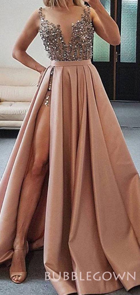 A-line Satin V Neck Beaded high slit Long Evening Prom Dresses, Cheap Custom prom dresses, MR7745