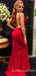 Mermaid Red Satin Spaghetti Straps Long Backless Evening Prom Dresses, Cheap Custom prom dresses, MR7748