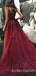 A-line Two Pieces Burgundy Tulle Appliques Beaded Long Evening Prom Dresses, Cheap Custom Prom Dress, MR7749