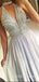 A-line Halter Chiffom Beaded V-neck Long Evening Prom Dresses, Cheap Custom Prom Dresses, MR7752