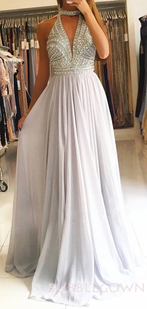 A-line Halter Chiffom Beaded V-neck Long Evening Prom Dresses, Cheap Custom Prom Dresses, MR7752